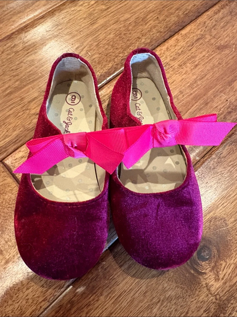 Cat & Jack Velvet Mary Jane Flats in Deep Red with Pink Bow